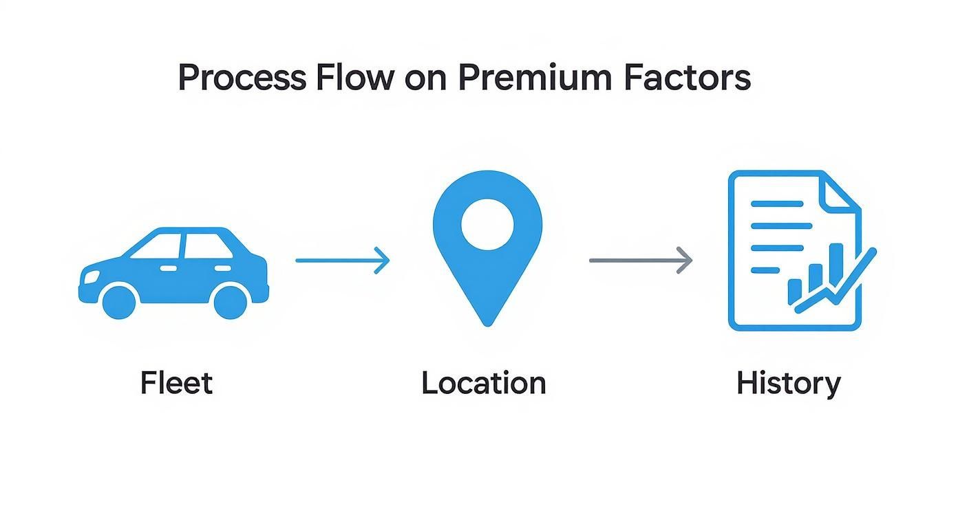 Process flow diagram showing fleet vehicle, location pin, and history document for premium factors determination