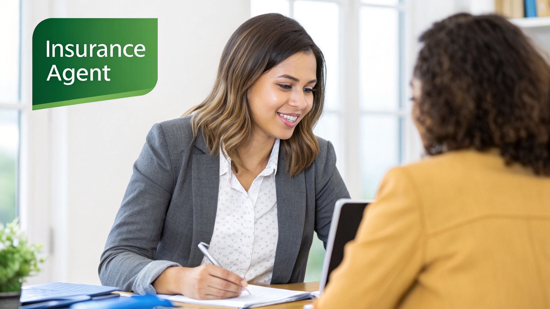 A magnifying glass hovering over two distinct icons representing an insurance broker and an insurance agent.