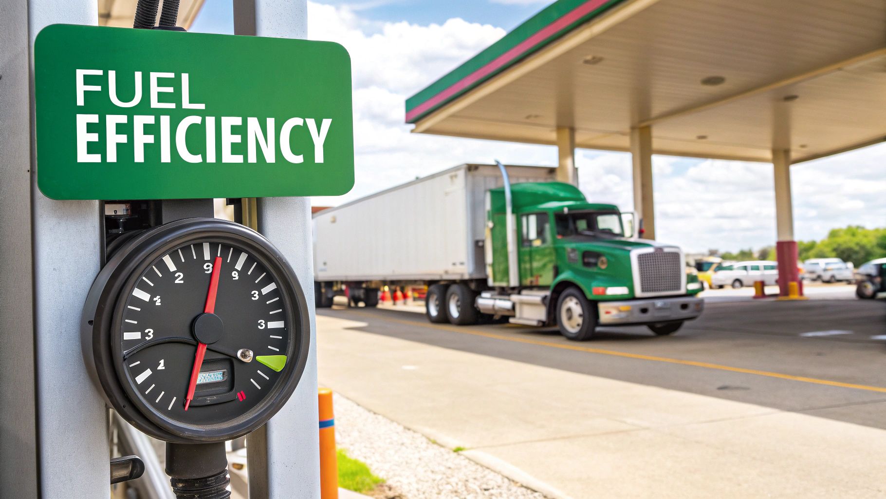 An image illustrating the concept of fuel management, showing a fuel pump nozzle, a rising graph, and icons representing a truck and a dollar sign, symbolizing cost control.