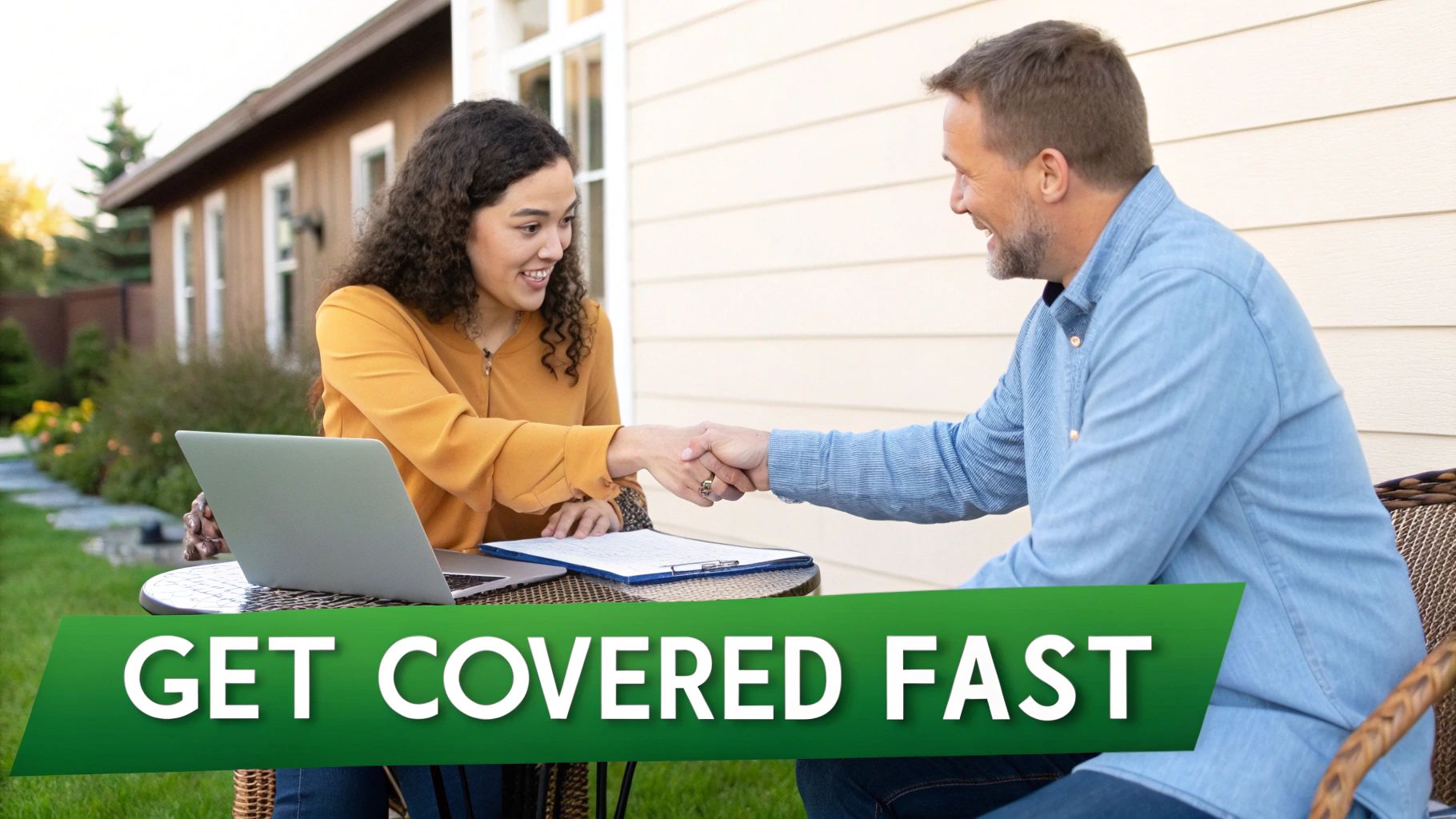 A smiling woman and man shake hands outdoors, with a laptop, beside a 'GET COVERED FAST' banner.