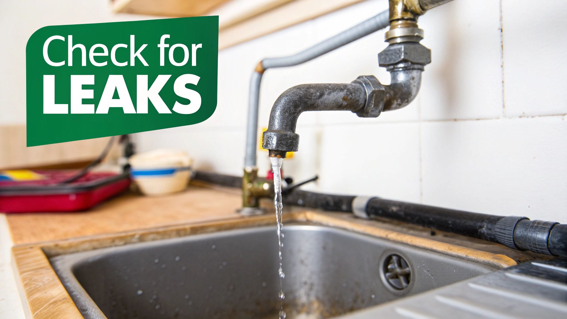 A close-up of a dripping kitchen faucet above a sink with a 'Check for LEAKS' sign.