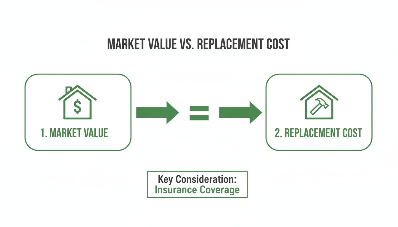 Diagram comparing home market value and replacement cost, with a key consideration for insurance coverage.