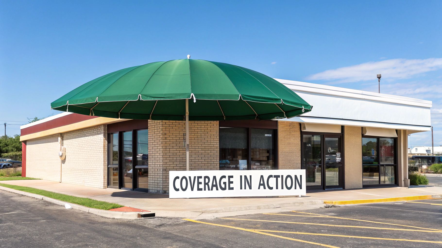 A large green umbrella and a "COVERAGE IN ACTION" sign outside a commercial building.