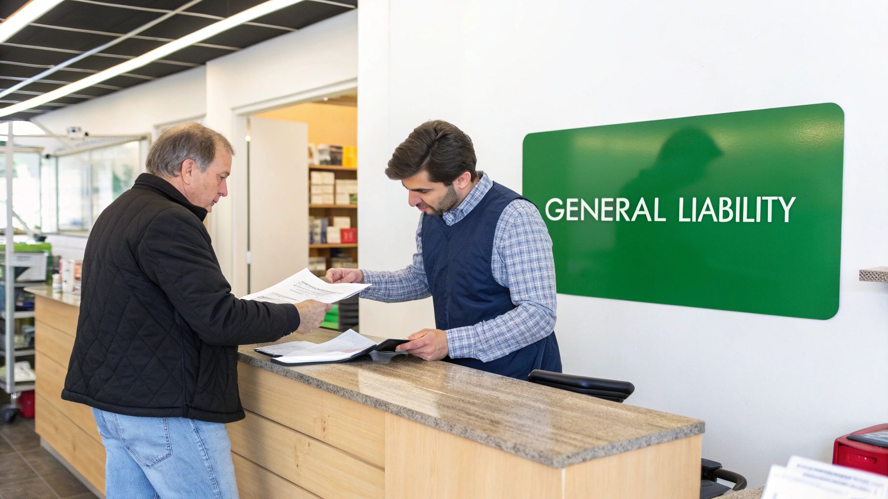 Two men at a counter, exchanging documents related to general liability insurance.