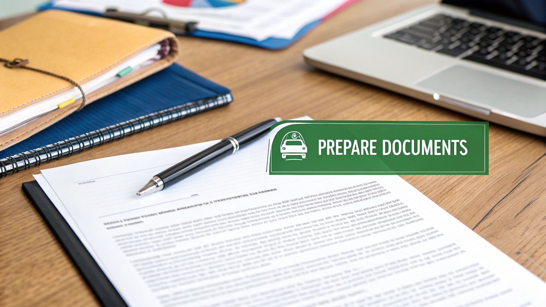 A person organizes documents like a car insurance policy and driver's license on a desk, preparing to get quotes.
