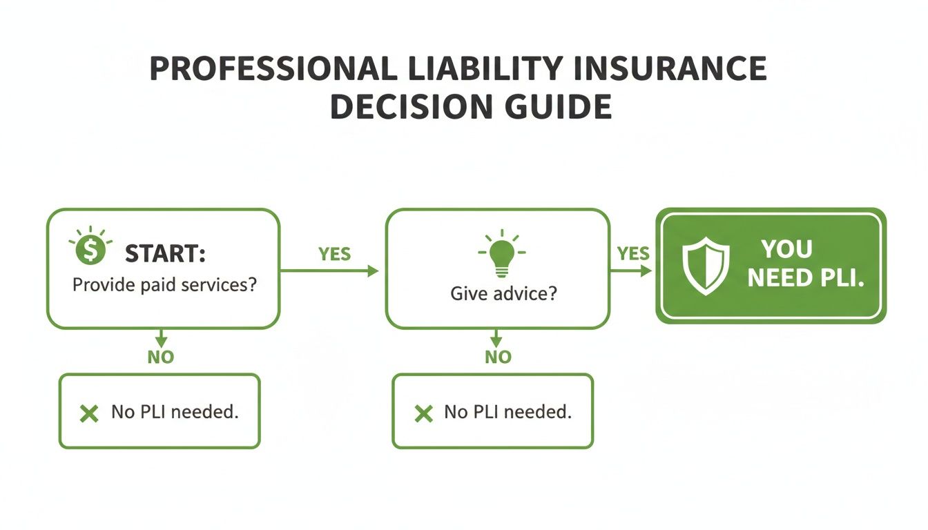 Flowchart guiding who needs professional liability insurance based on providing paid services and advice.