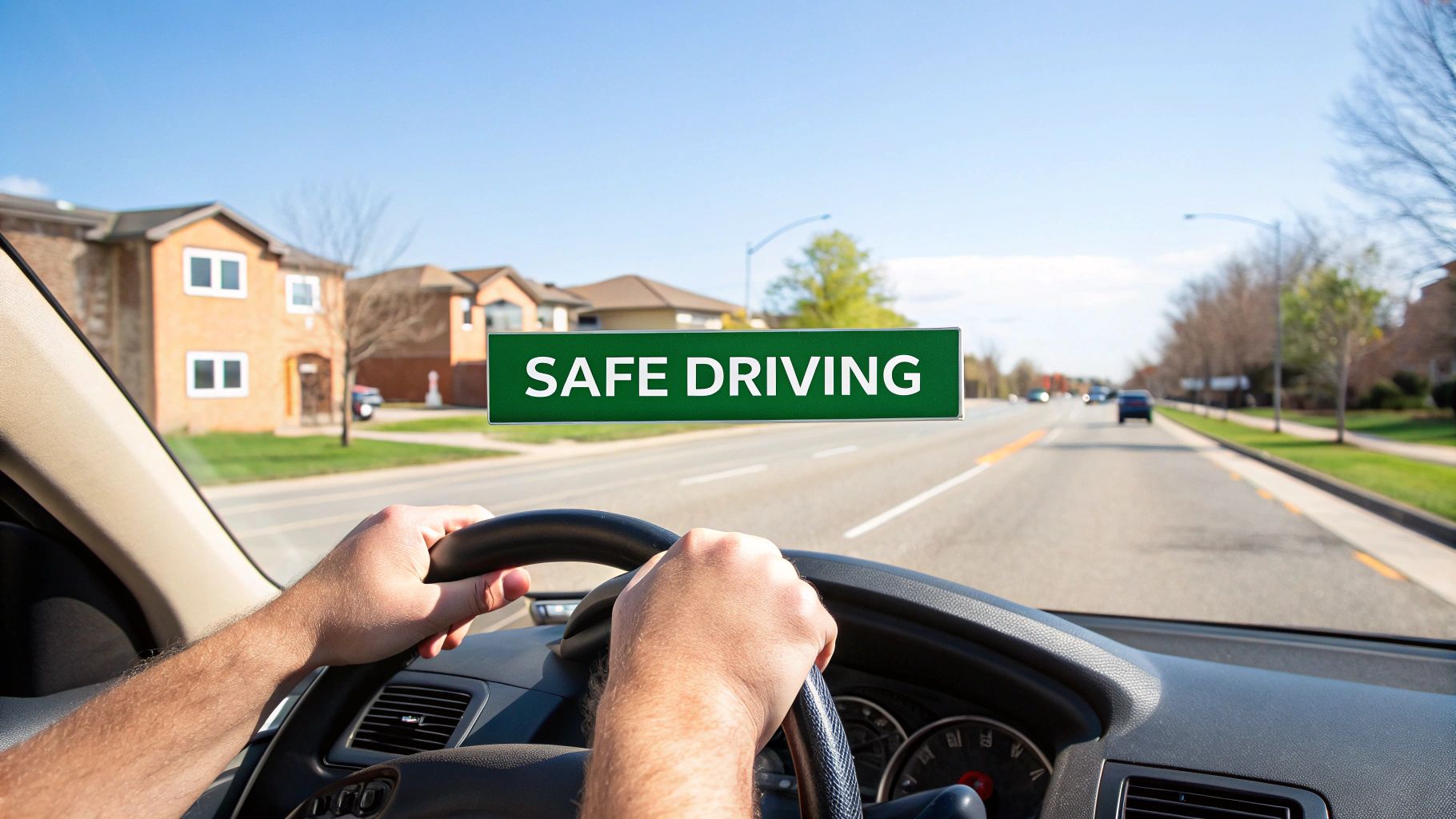 Hands on a steering wheel in a car, with a 'SAFE DRIVING' sign on the road ahead.