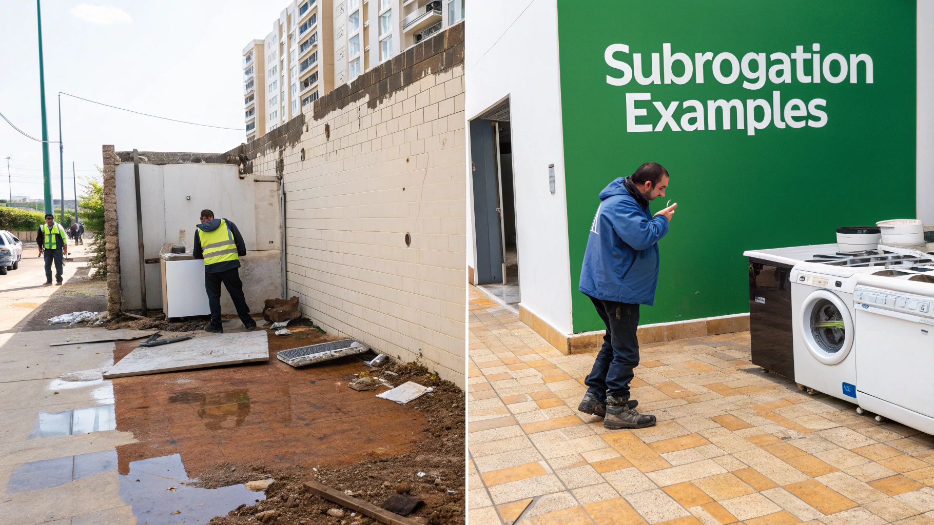A diptych showing a man inspecting appliances in a dilapidated area and another near 'Subrogation Examples'.