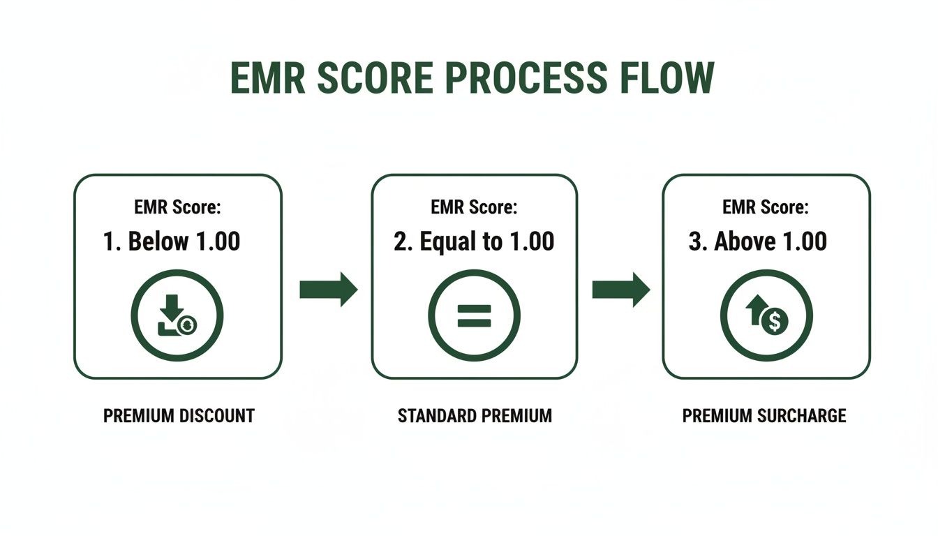 EMR score process flow, explaining premium discounts, standard, and surcharges based on score.