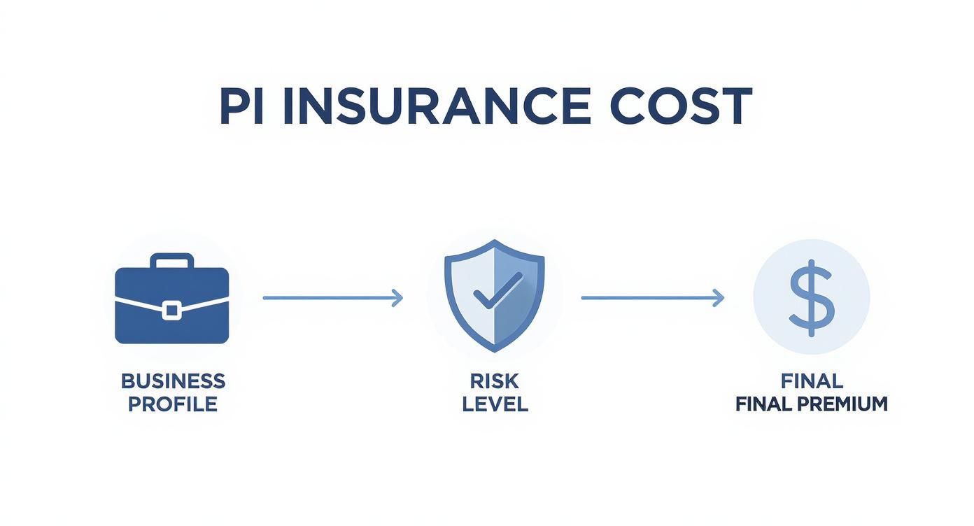 Professional indemnity insurance cost calculation process showing business profile, risk assessment, and final premium determination