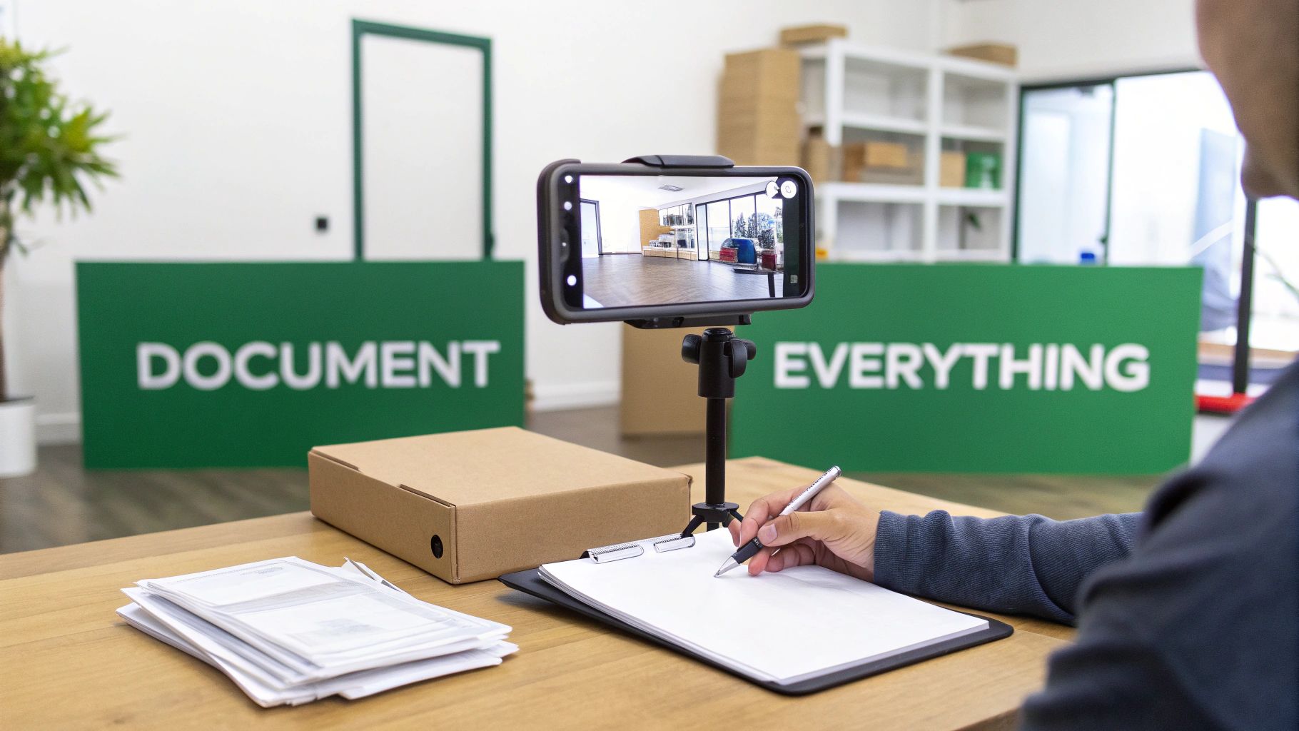 A person writing on a clipboard next to a smartphone on a tripod documenting a room.