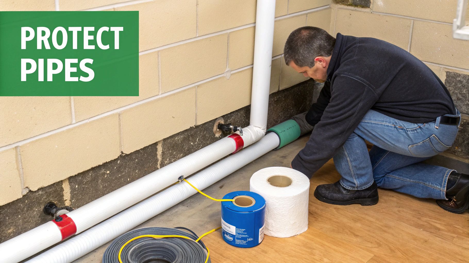 A man kneels to apply insulation to exposed plumbing pipes along a basement wall.
