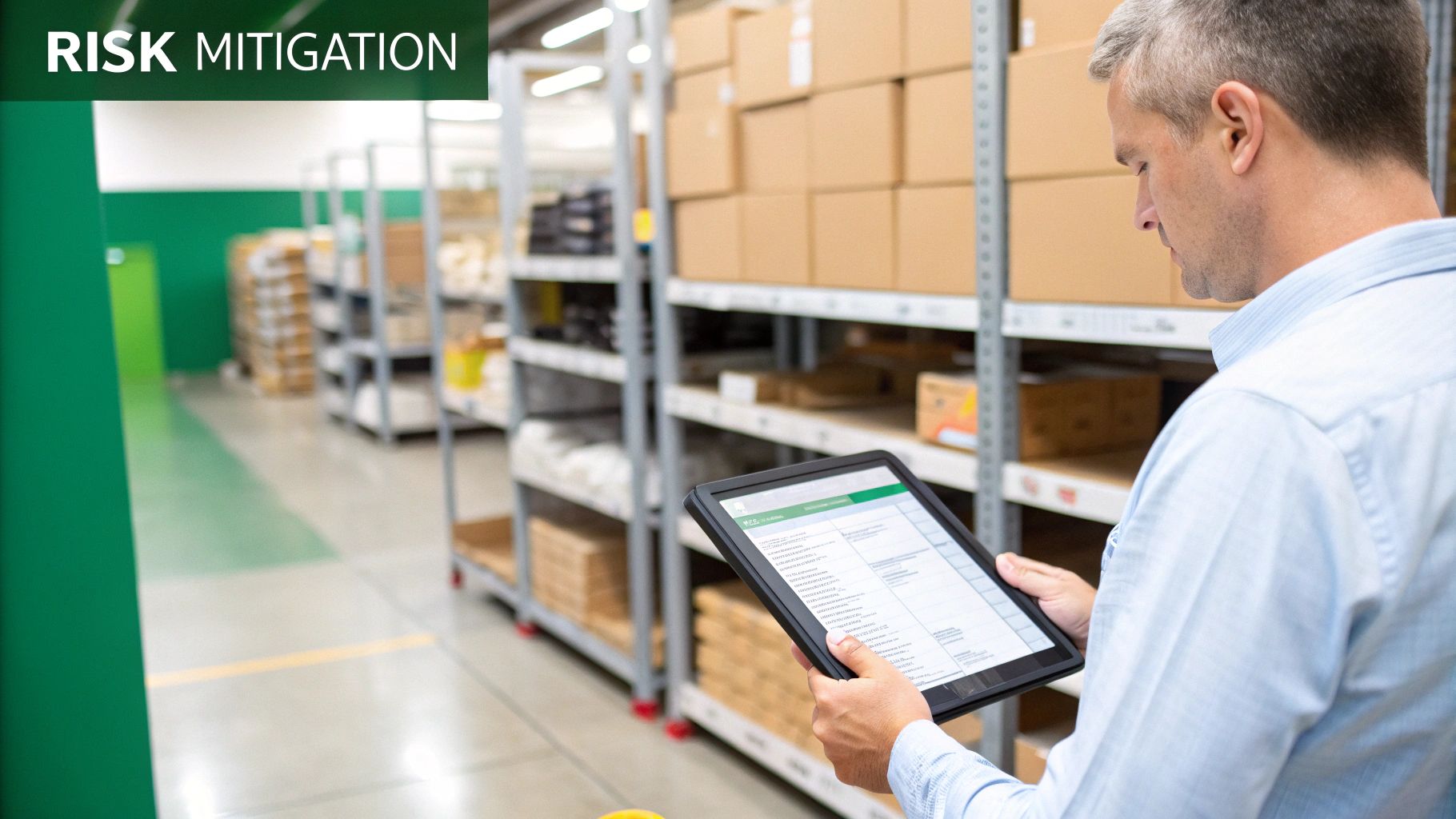 Warehouse manager using tablet for digital risk mitigation inventory management system