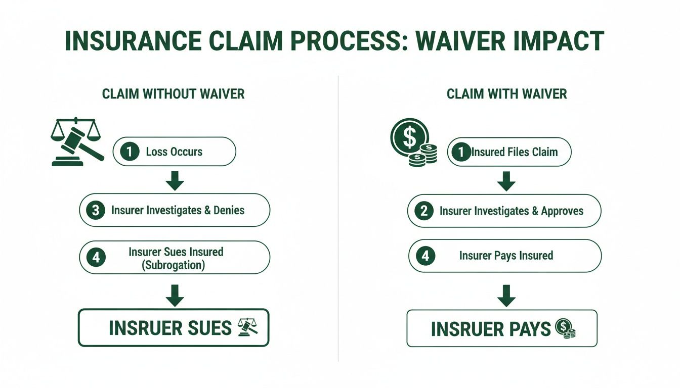 Flowchart illustrating insurance claim process differences with and without a waiver of subrogation.