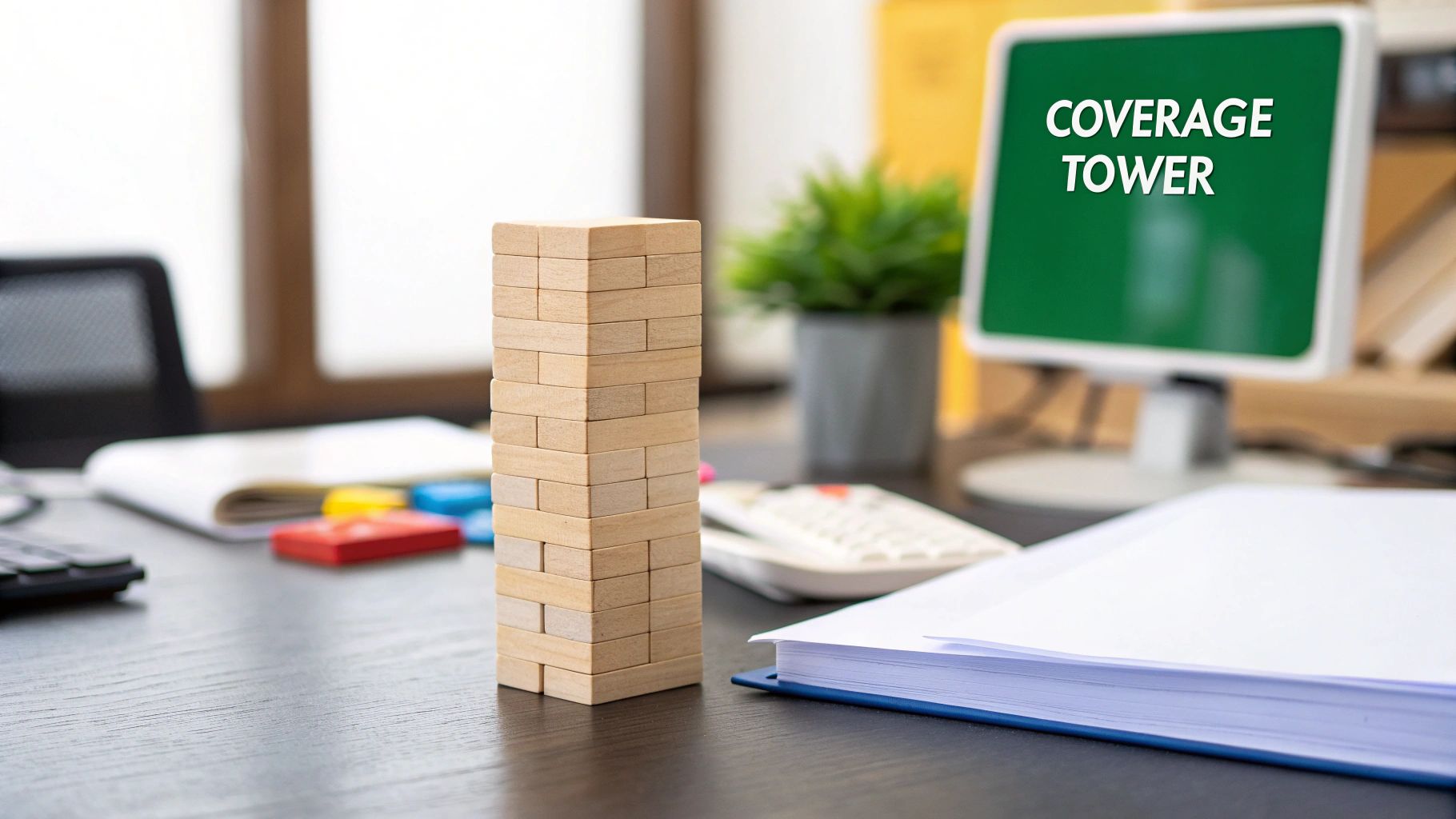 A Jenga-like wooden block tower on a desk, with a monitor displaying 'COVERAGE TOWER' in the background.