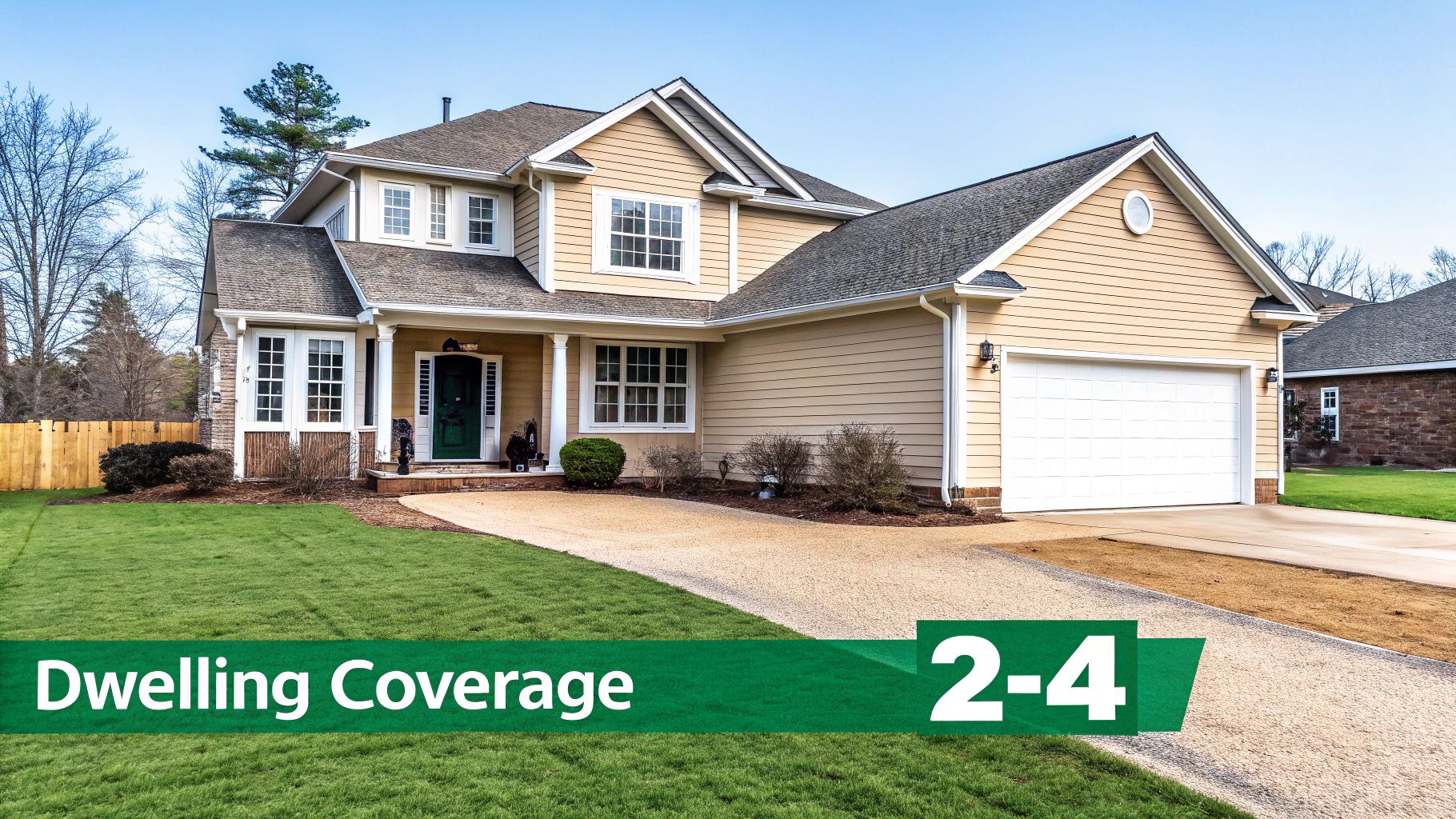 A two-story beige house with a dark roof, green lawn, and gravel driveway, showing dwelling coverage.