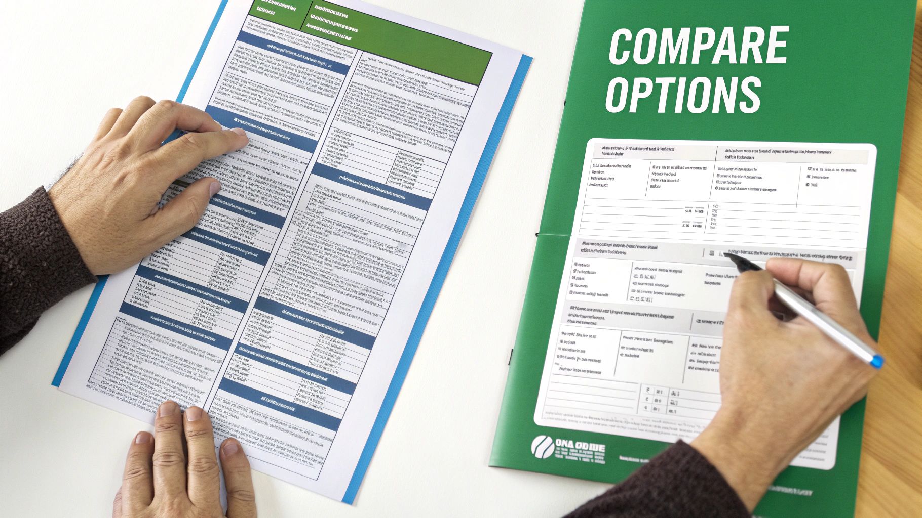 Two people comparing detailed insurance documents and a green brochure titled 'COMPARE OPTIONS'.