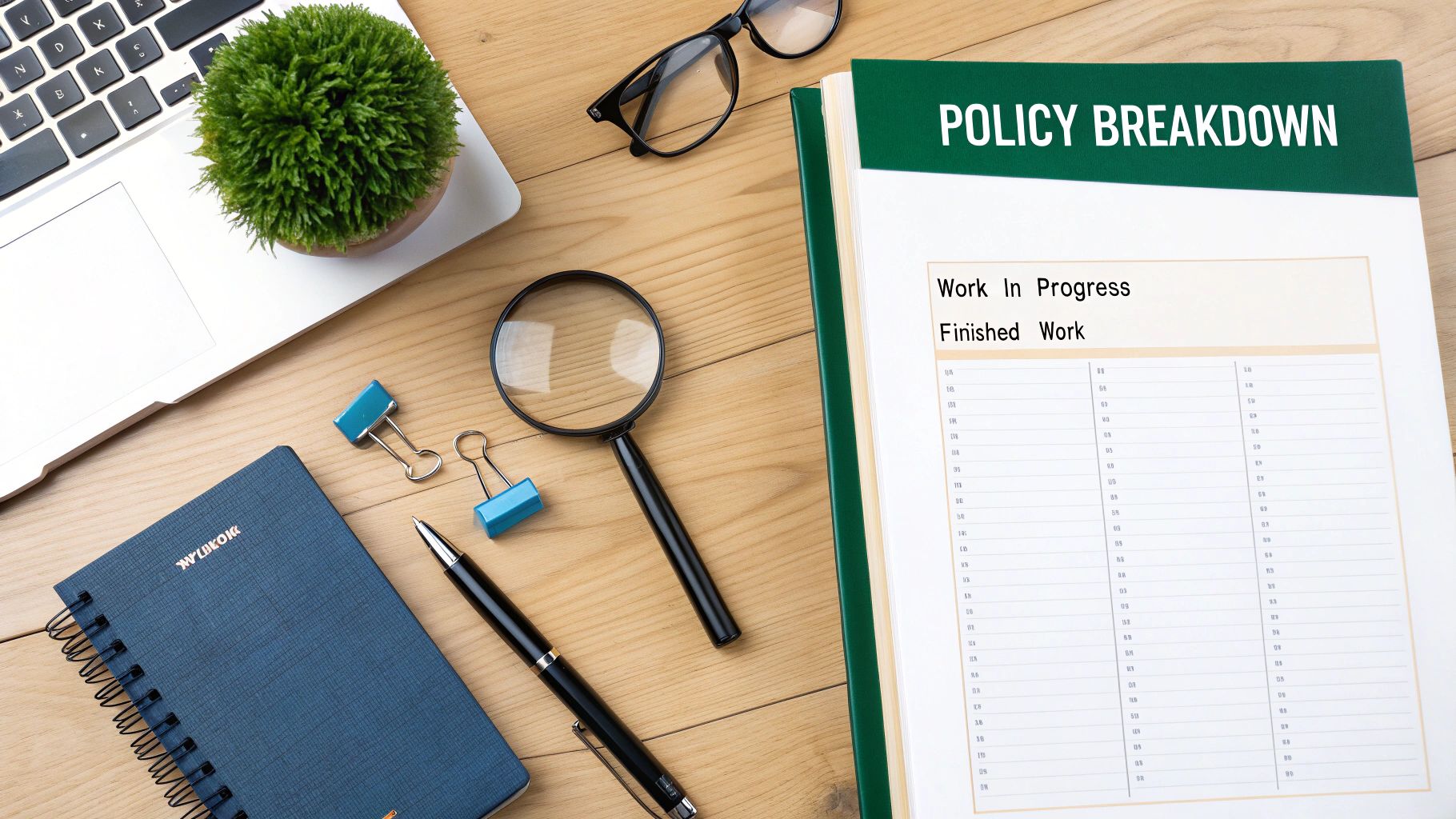 Overhead view of an office desk with a laptop, plant, glasses, magnifying glass, and a 'POLICY BREAKDOWN' document.