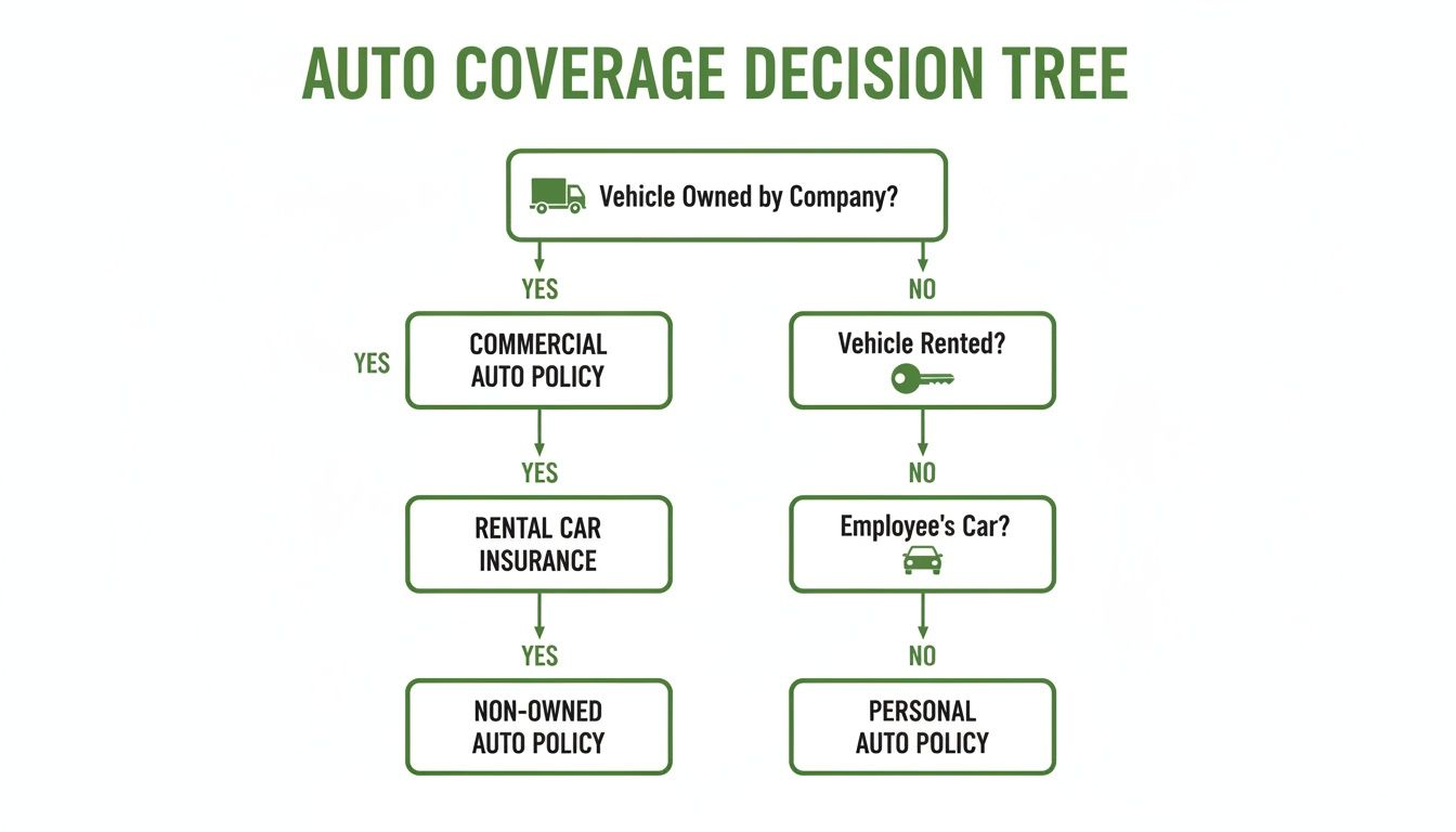 Flowchart guiding auto insurance choices: company-owned, rented, employee's, or personal vehicles.