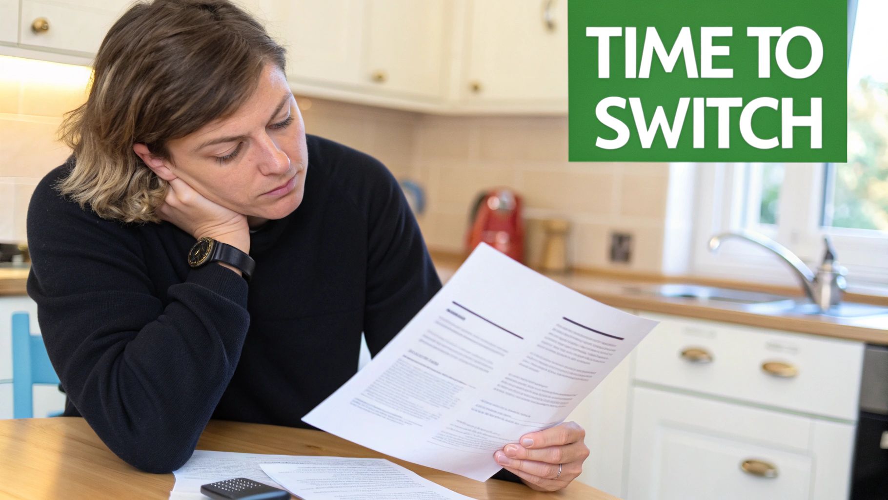 A woman smiles while looking at car insurance options on her laptop, sitting in a modern living room.