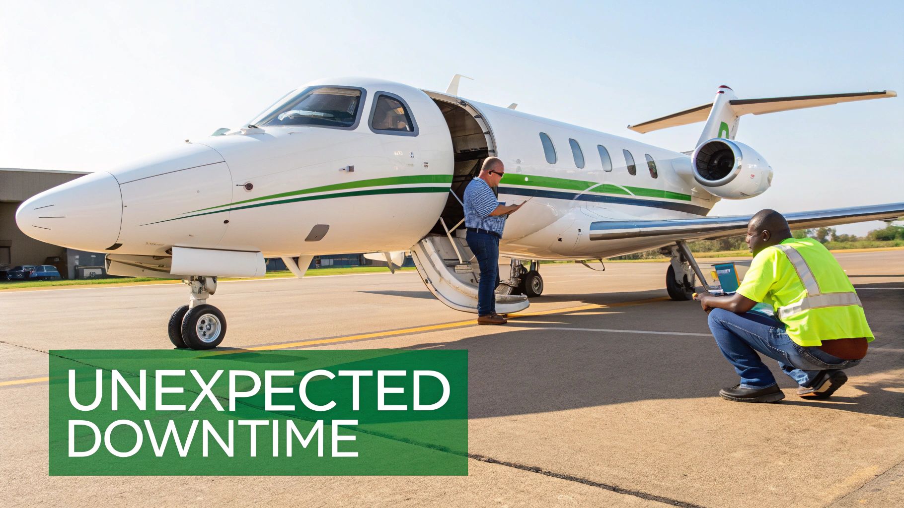 Two men performing checks on a white private jet on the tarmac, suggesting maintenance or inspection.
