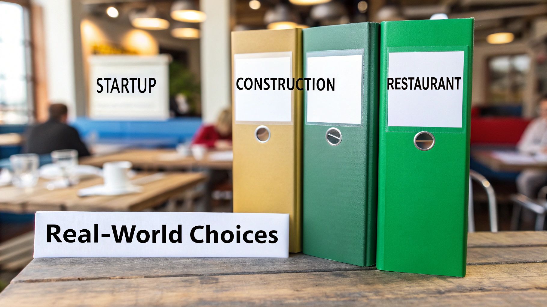 Three labeled binders and signs on a wooden table, representing real-world business choices.