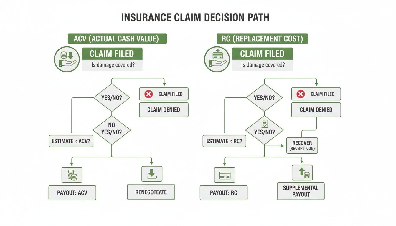 Flowchart comparing insurance claim decision paths for Actual Cash Value (ACV) and Replacement Cost (RC) policies.