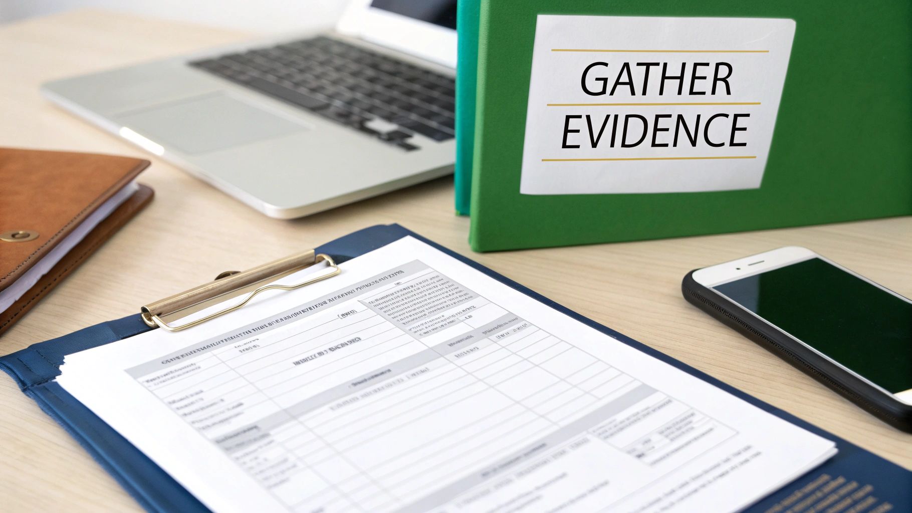 A person organizing documents and evidence on a desk for an insurance claim