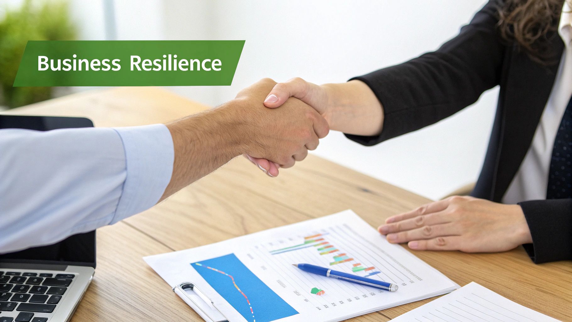 Two business professionals shake hands over a desk with documents and a laptop, promoting business resilience.