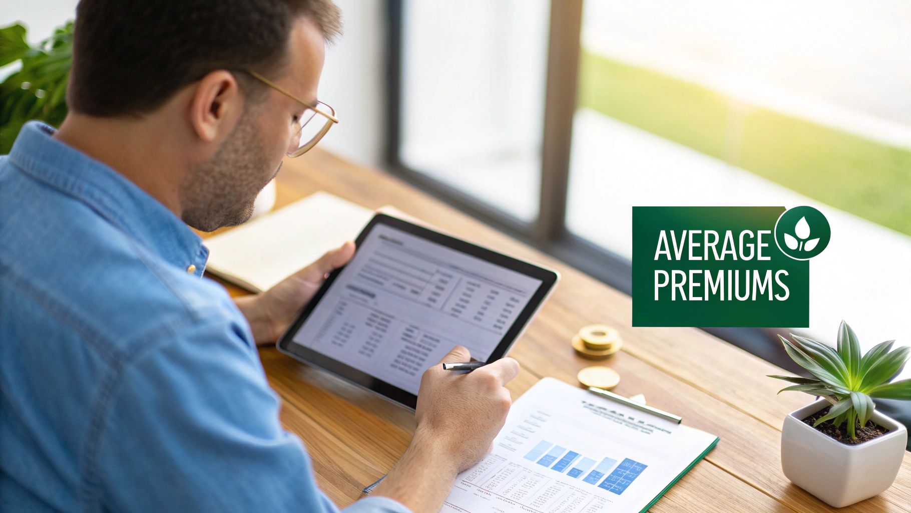 Man in glasses reviews business data on a tablet and paper, with 'AVERAGE PREMIUMS' graphic.