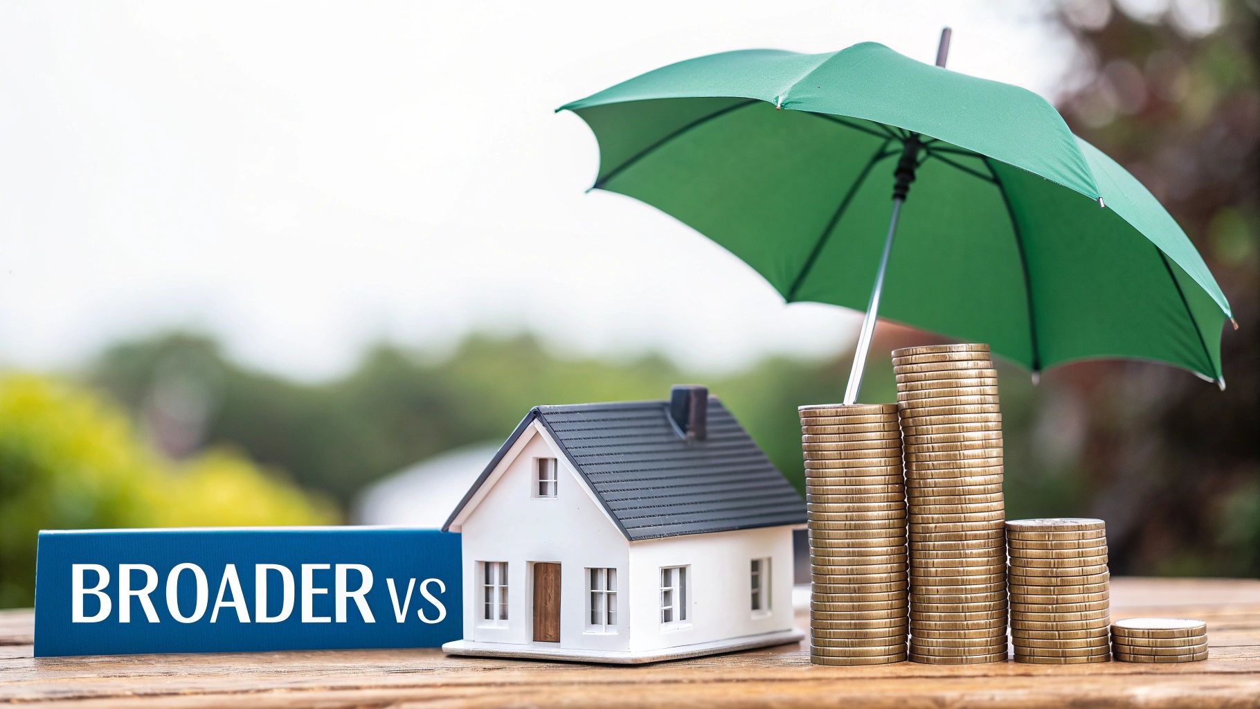 Green umbrella protects a miniature house and coin stacks, highlighting broader vs liability.