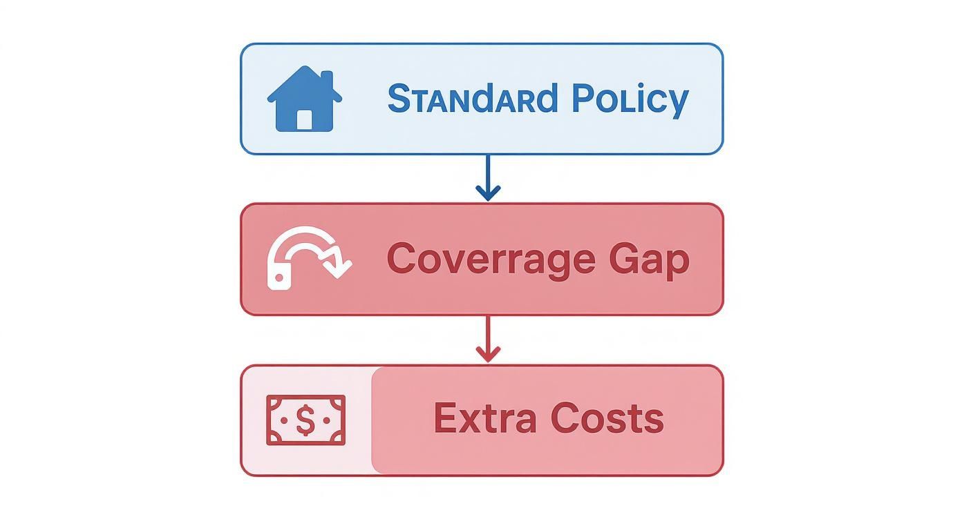 Flowchart illustrating how a standard policy can lead to a coverage gap and subsequent extra costs.