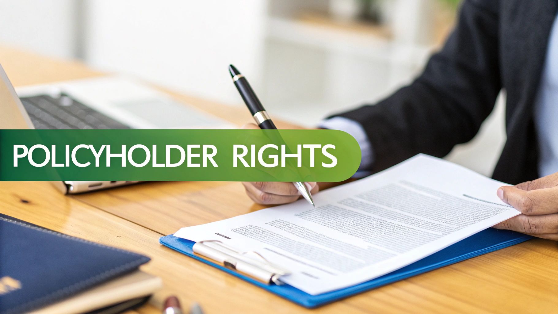 A person in a suit jacket signing an insurance document, with a 'POLICYHOLDER RIGHTS' banner.