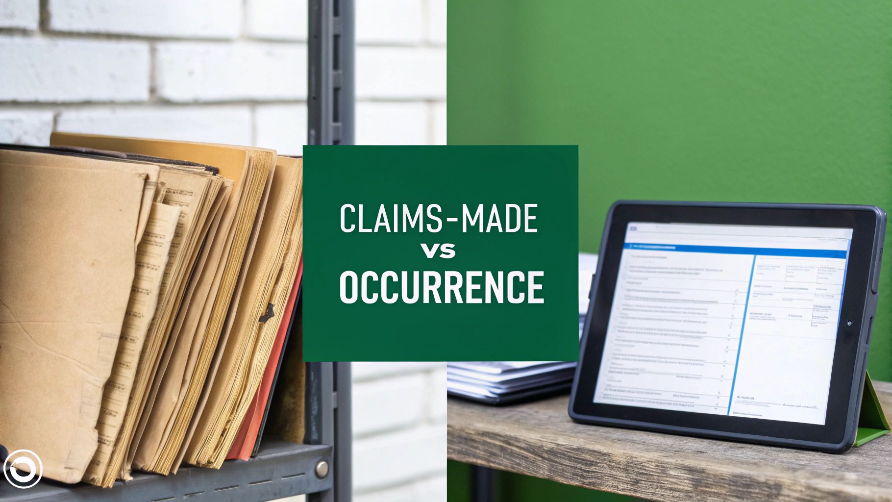 Image contrasting old paper files with a digital tablet and 'Claims-Made vs Occurrence' text.