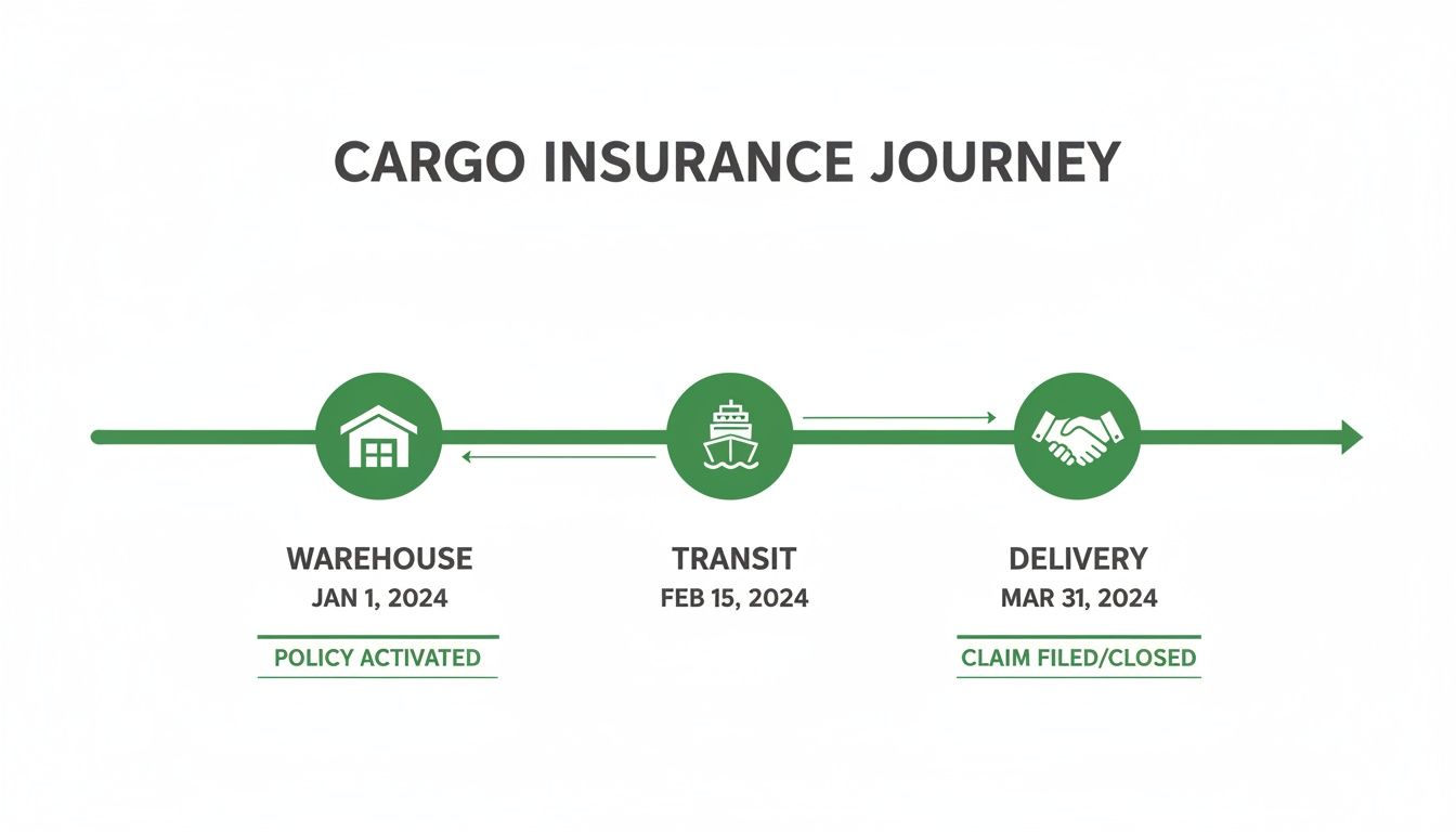 A timeline illustrating the cargo insurance journey from warehouse to transit and final delivery dates.