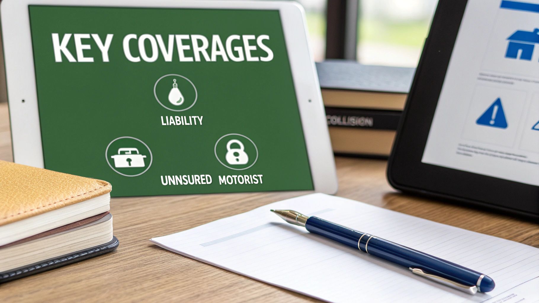 Tablet displaying key insurance coverages including liability, uninsured motorist, and collision protection on office desk