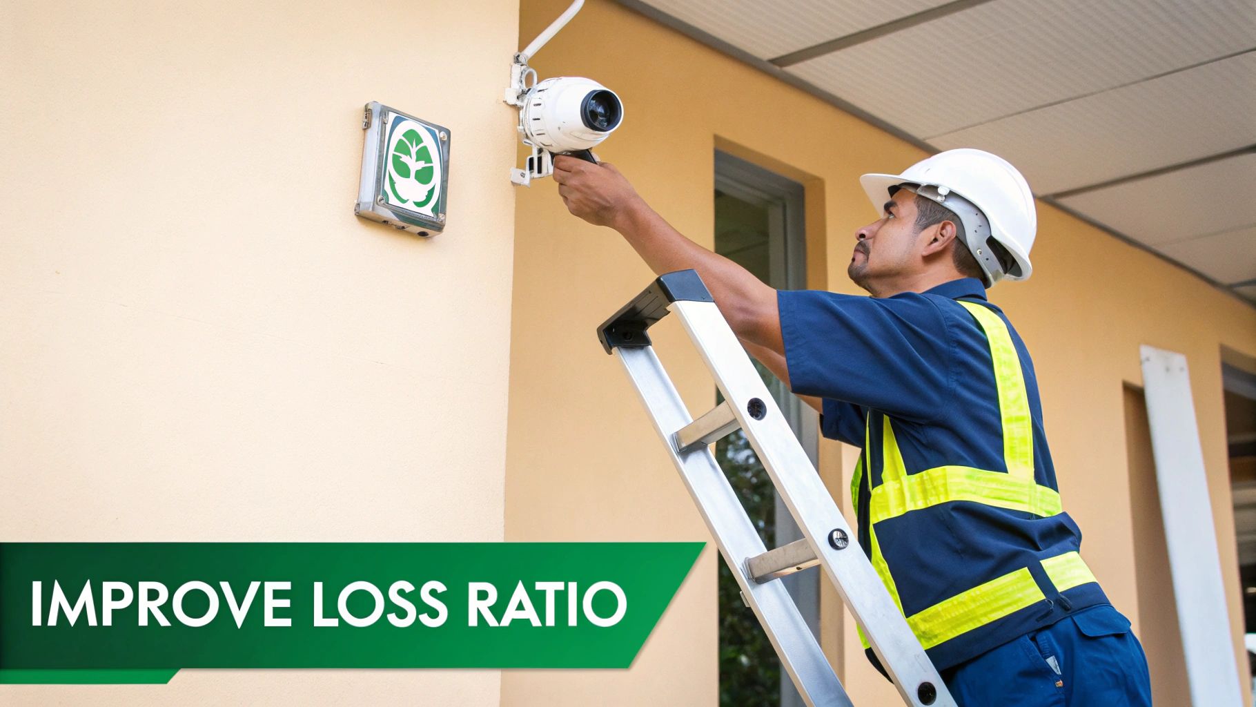Security technician installing surveillance camera to prevent property loss and reduce insurance claims
