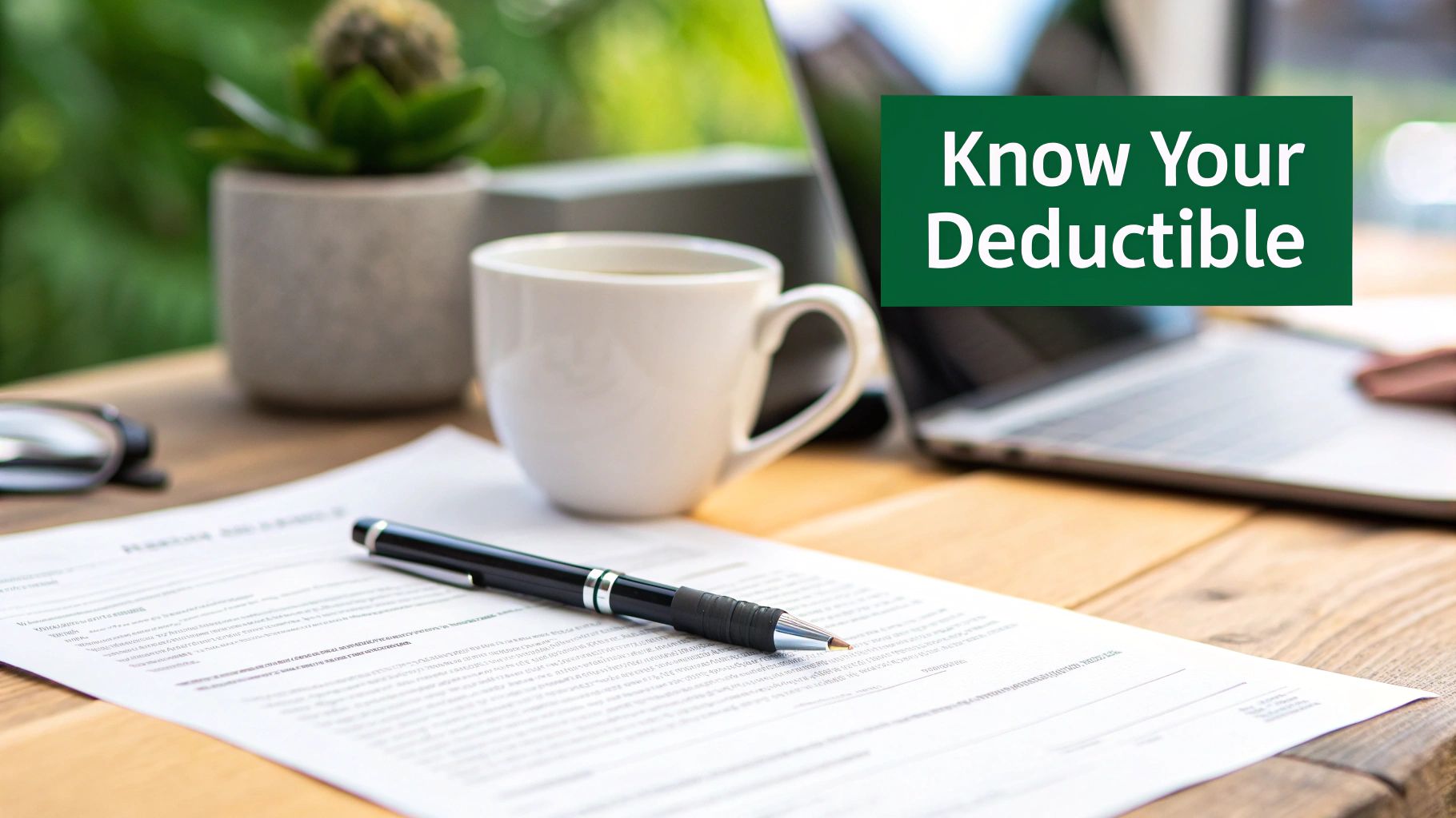 A desk with a document, pen, coffee, potted plant, and laptop, featuring 'Know Your Deductible' text.