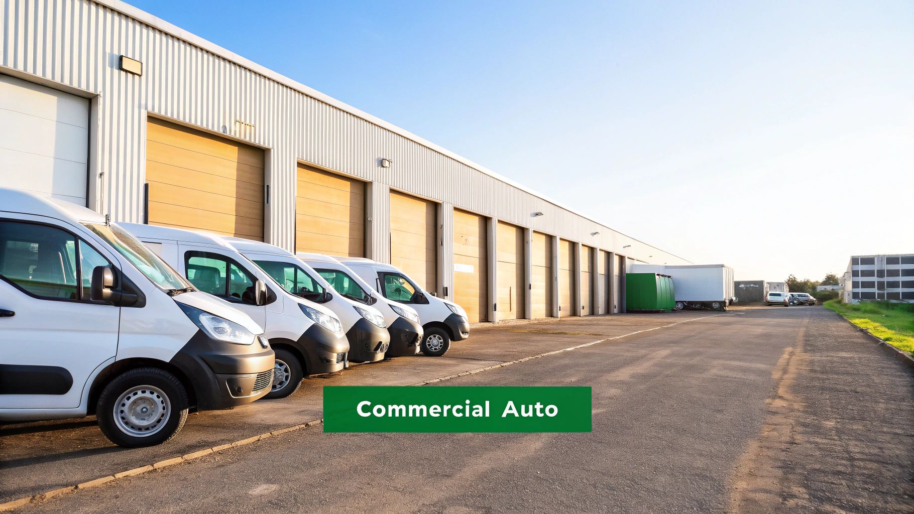 Row of white commercial vans parked outside an industrial building with many loading bay doors.