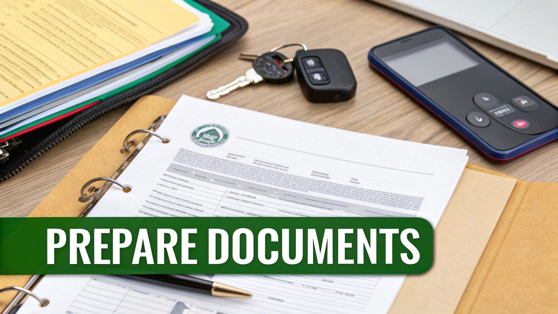 A person organizes documents at a desk, with a car key and a small model car visible.
