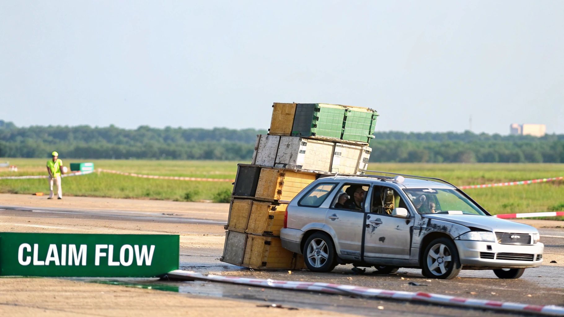 A silver car is heavily overloaded with a tall stack of wooden crates on its back, next to a 'CLAIM FLOW' sign.