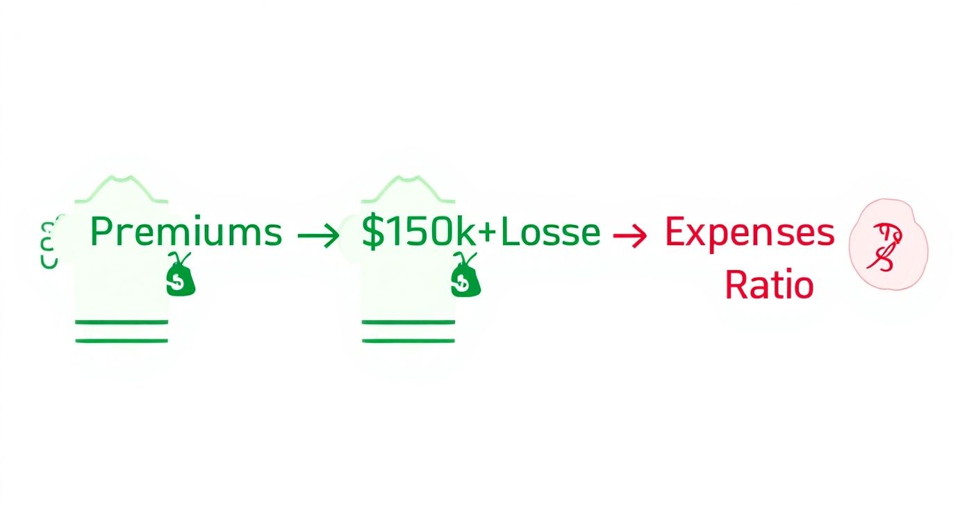 Insurance loss ratio calculation flowchart showing premiums minus losses plus expenses equals final ratio