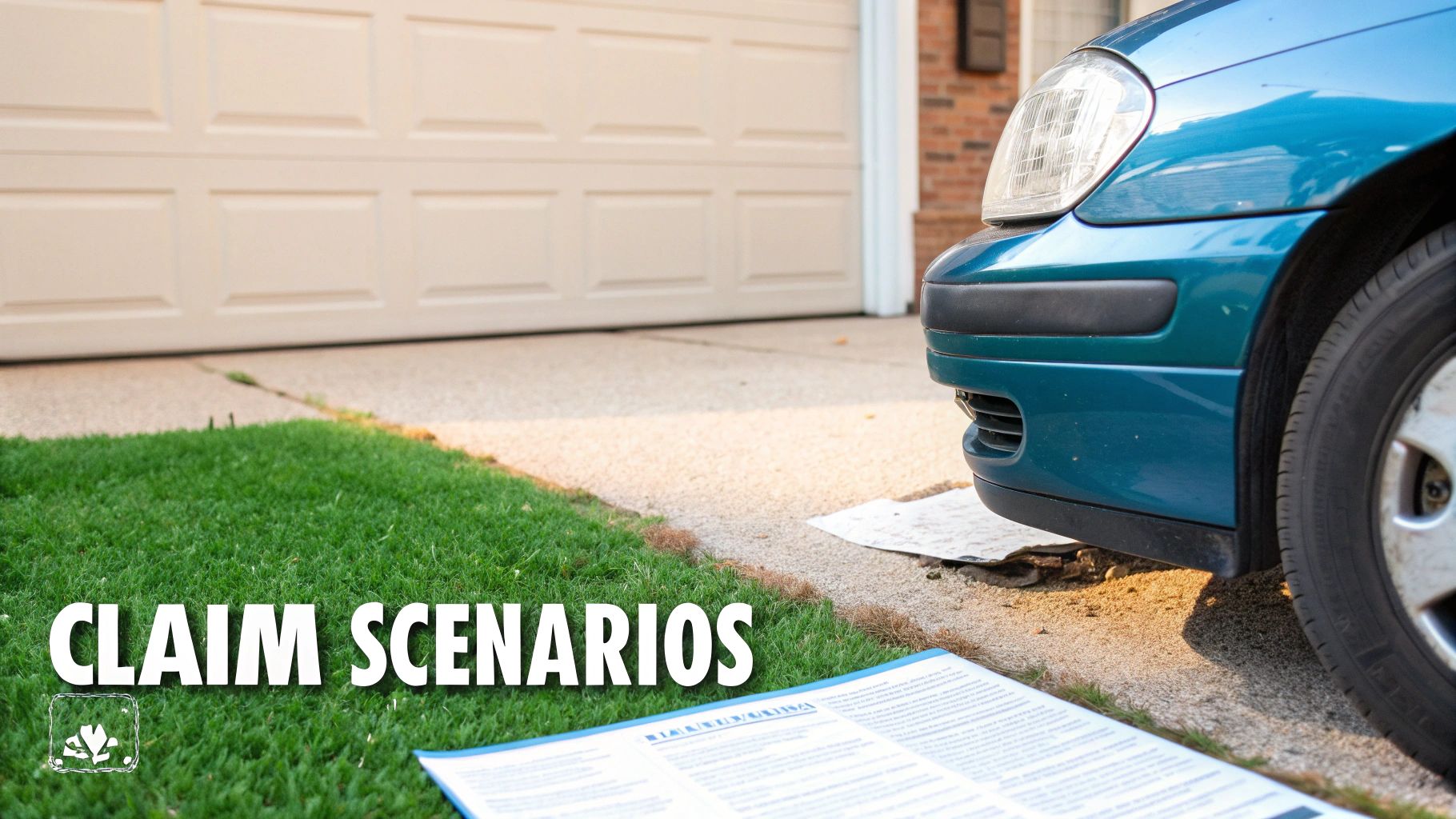 Front of a teal car parked on a driveway with a garage door and a document on the grass.