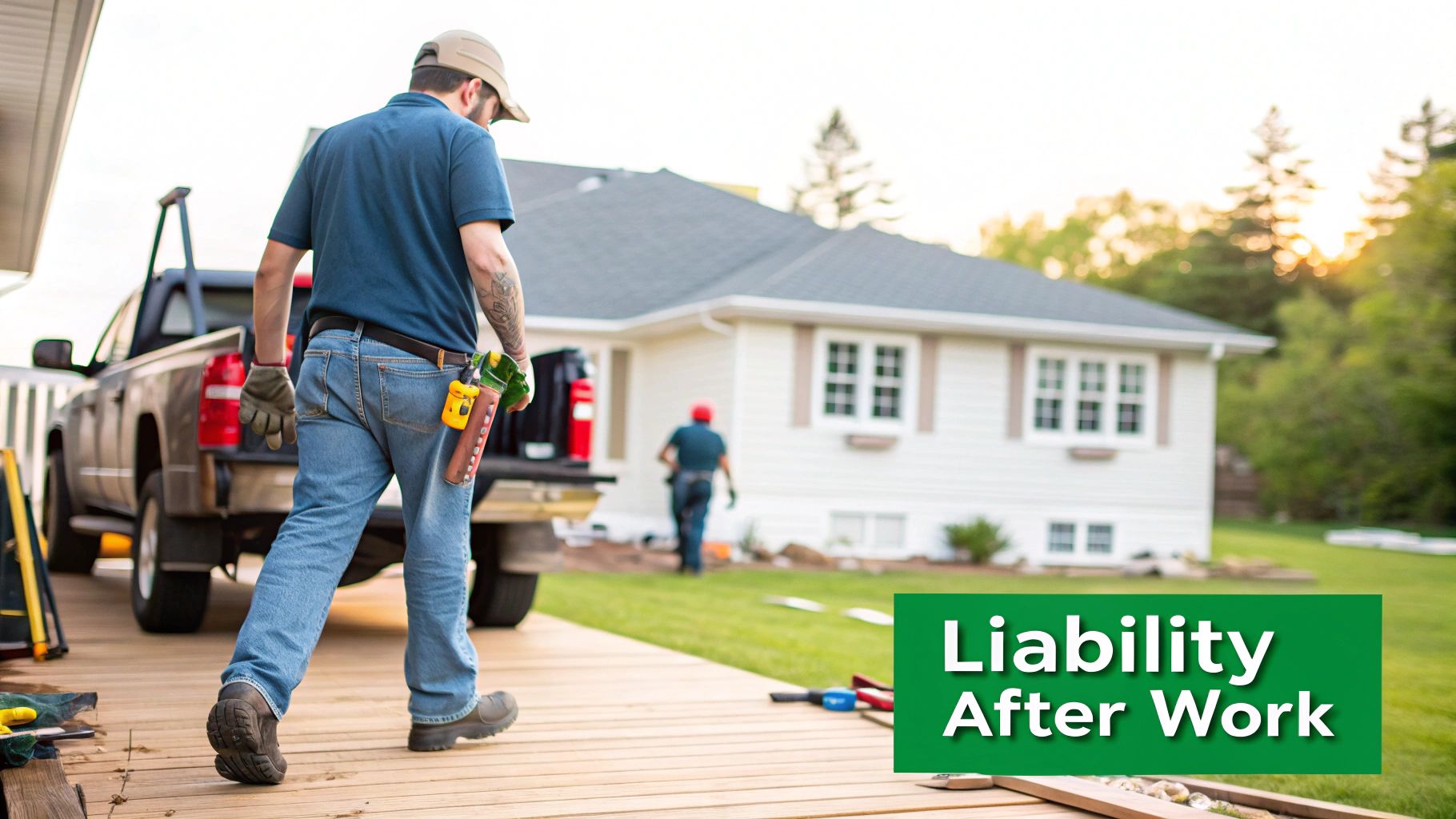 Construction worker walking on a deck near a house and truck, with another worker in the background.