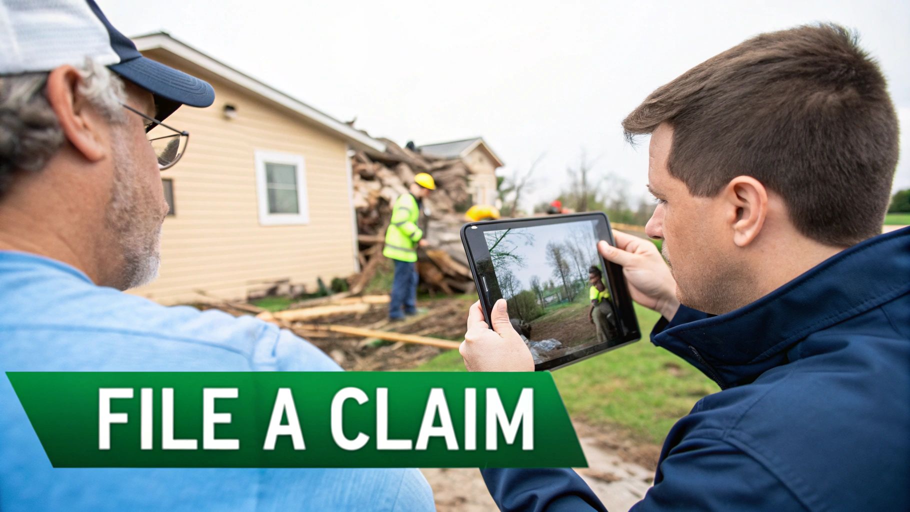 Two men assess storm damage to a house, one taking photos with a tablet for an insurance claim.