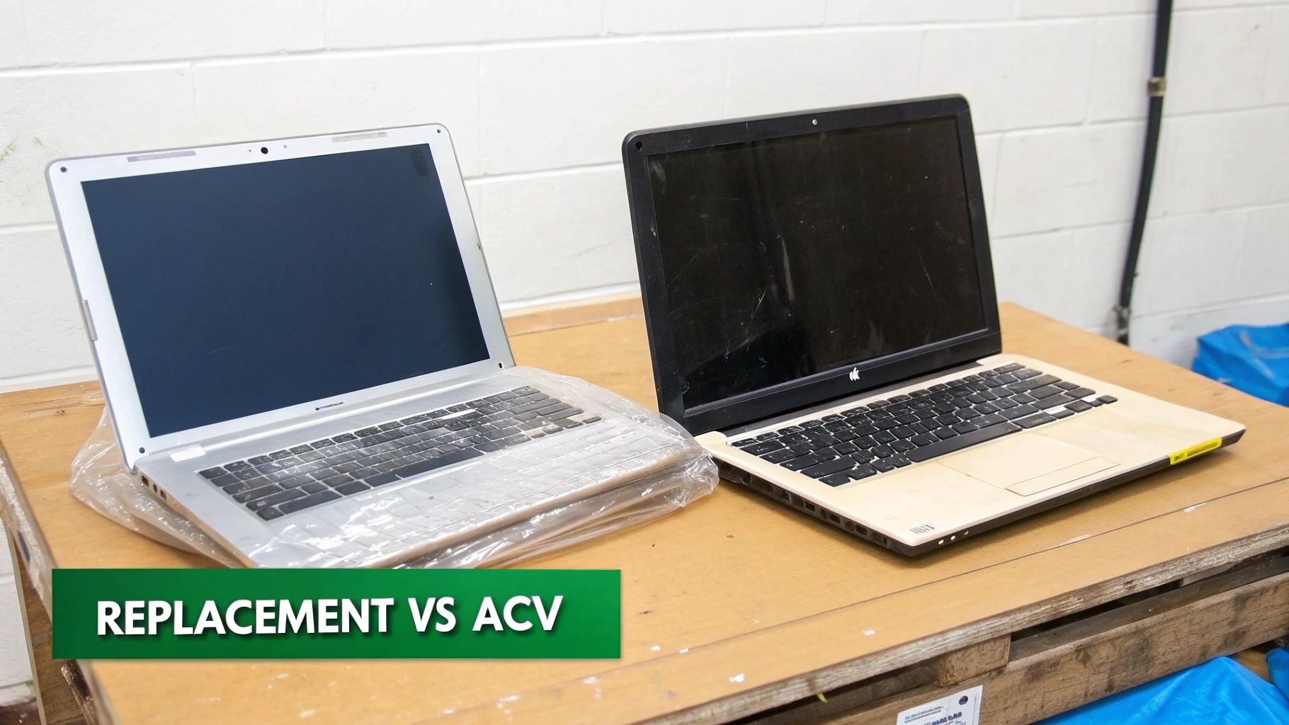 Two laptops on a wooden surface, one new and one old, illustrating replacement vs actual cash value.