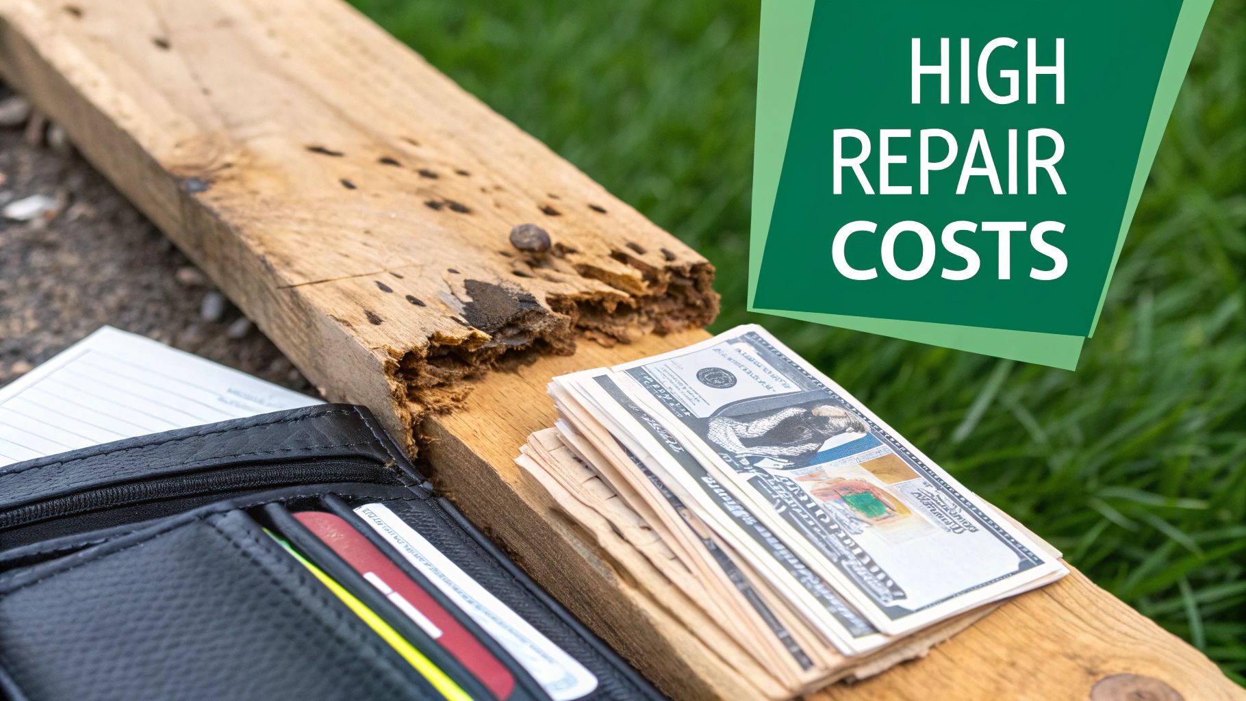 A close-up of a damaged wooden beam, revealing the intricate tunnels carved out by termites.