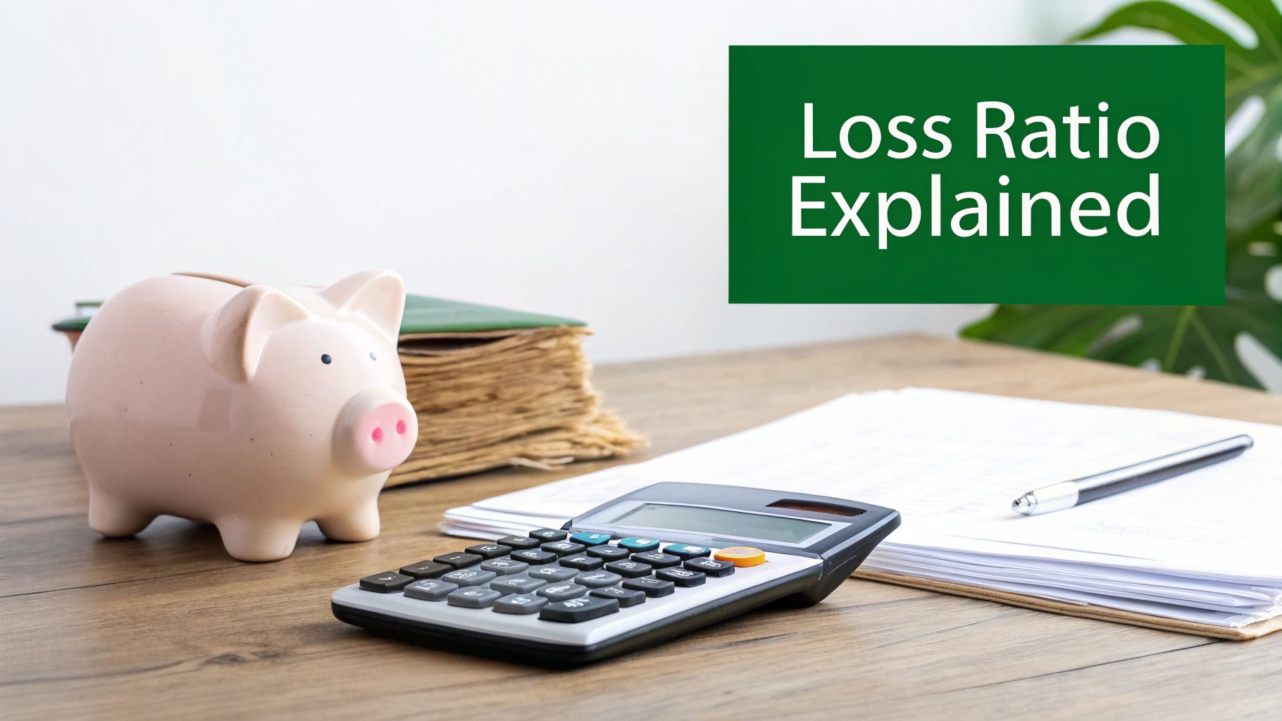 Loss ratio explained concept with piggy bank, calculator, and financial documents on desk