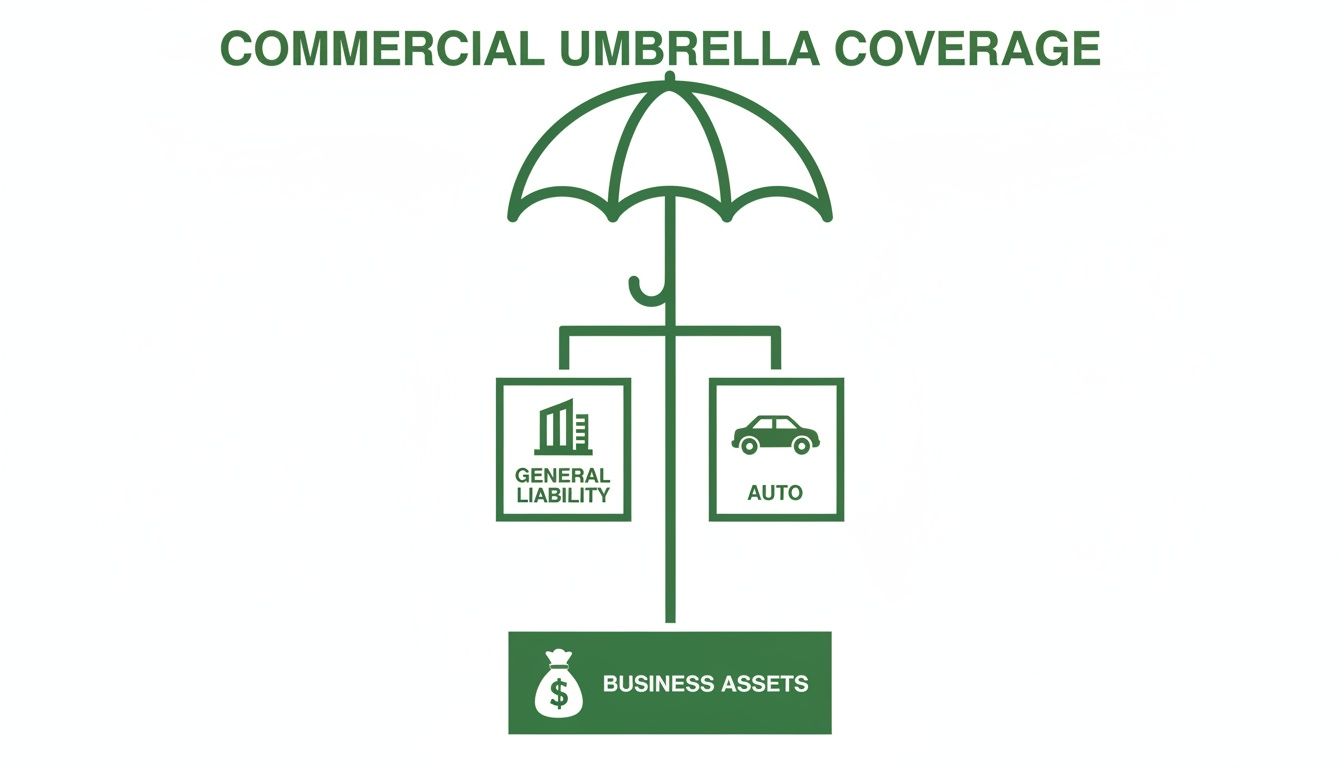 A diagram illustrating commercial umbrella insurance protecting general liability, auto, and business assets.