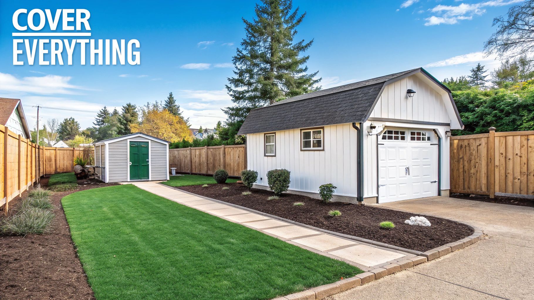 Well-maintained backyard featuring a modern shed, a large white garage, lush green lawn, and wooden fence.